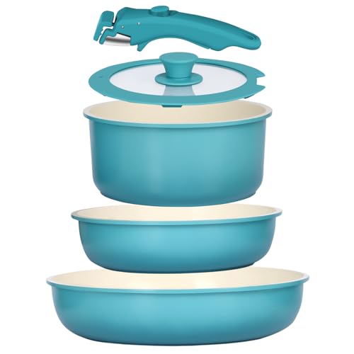 GIPP 5pcs Pots and Pans Set Non Stick, Nonstick Cookware Set Detachable Handle, Ceramic Pots for Cooking Non Stick with Removable Handle, RV Cookware Set for All Stoves, Light Blue Gradient - color: Light Blue Gradient, size: 5PCS