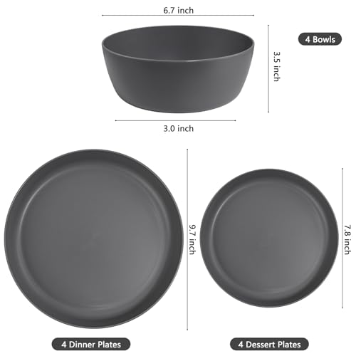 EI 12pcs Wheat Straw Dinnerware Set of 4,Kitchen Plates and Bowls,Reuasble Plates,Unbreakable Dinner Plate,Hard Premium Plastic Plate for Camping,Picninc,Halloween - color: Dark Grey Wheat Straw Plates and Bowls