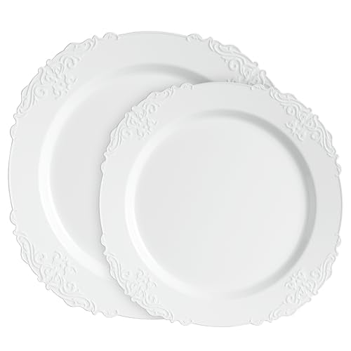 PLASTICPRO 32 Pack Elegant Disposable Plastic Plates Combo Set Includes 16 Dinner Plates and 16 Salad Heavy Duty Fancy Party Plates White Embossed Victorian Design - color: White Embossed