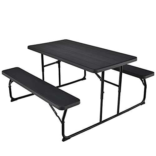 Giantex Folding Picnic Table Bench Set, Outdoor Dining Table Set, Large Camping Table for Patio Deck Lawn Garden Backyard Poolside, Portable Picnic Tables, Weather Resistant Metal Frame, Black - color: Black