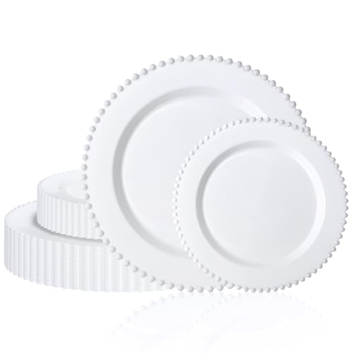 U-QE 60PCS White Plastic Plates - Fancy Beaded Plates Disposable Heavy Duty - Premium Hard Plastic Plates for Party, Wedding & Birthday Including 30 Dinner Plates 10" & 30 Dessert Plates 7" - color: White