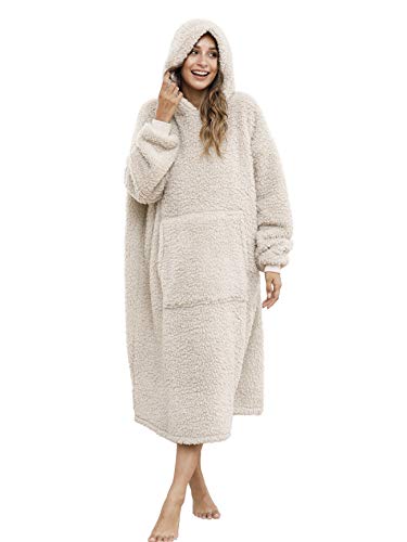 Sherpa Wearable Blanket Oversized Hoodie Sweatshirt TV Blanket with Long Sleeves and Pocket-Beige - color: Beige