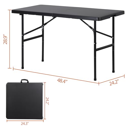 ZENY 4ft Portable Folding Table Plastic Indoor Outdoor Picnic Party Camp Dining Table with Handle, Black - color: Black, size: 48" x 24"