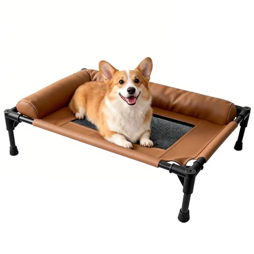 Small Elevated Dog Bed,Cooling Hammock with Soft Edge Pillow,Features Non-Slip Base Portable Pet Travel Cot,Indoor Outdoor Universal(31.5" L x 23.62" W x 6.69" H - color: Coffee Brown, size: 31.5*23.62*6.69