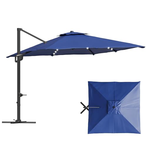 9ft Outdoor Patio Umbrella Heavy Duty 8 Ribs, Waterproof UV Protection Sun Shade with Crank Lift & Push Button Tilt, Outdoor Umbrella for Deck, Pool, Garden, Backyard, Lawn - color: Navy Blue&Square-Lights, size: 10FT Roman