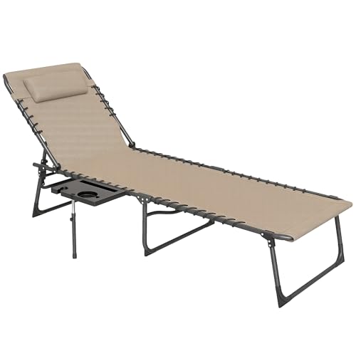 Outsunny Folding Chaise Lounge Chair Outdoor Tanning Chair with Side Table, 5-Level Adjustable Beach Lounge Chair with Headrest, Side Pocket for Patio, Backyard, Beach, Poolside, Beige - color: Beige
