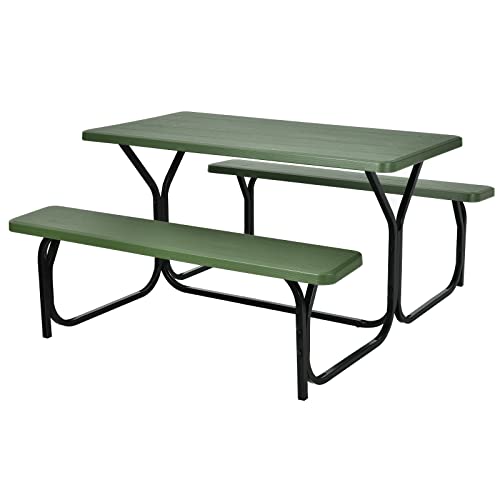 Moccha Picnic Table Bench Set - Portable Plastic Picnic Table w/Steel Frame & Wood-Like Texture, All Weather Heavy Duty Picnic Table Kit, Picnic Tables for Outdoors Garden Patio Party Dining (Green) - color: Green
