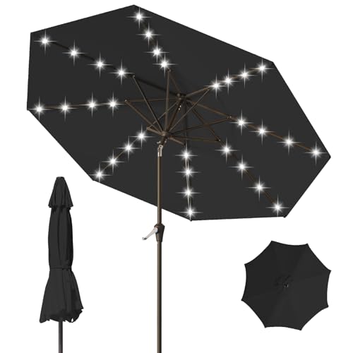 9FT Patio Umbrella with Solar Lights,Outdoor Market Umbrella with Tilt and Crank, LED Lighted Table Umbrella for Garden,Deck,Backyard,Pool,Beach (Black) - color: Black