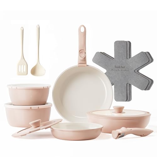 Redchef 16pcs Ceramic Pots and Pans Set Non Stick, Nonstick Kitchen Cookware Set with Detachable Handle, Non Toxic, PFAS PFOA & PTFE Free, RV Cookware Set for Camping, Dishwasher/Oven Safe (Pink) - size: 16 pcs Pink