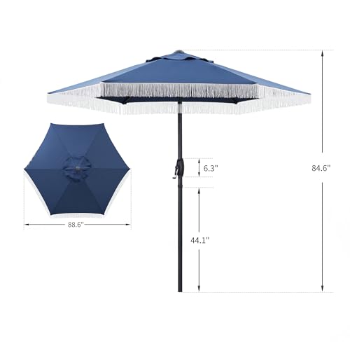 GDY 7.5FT Tassel Patio Umbrella Outdoor Table Umbrella,Market Umbrella with 6 Sturdy Ribs, with Push Button Tilt and Crank for Garden, Lawn, Deck, Backyard & Pool (Dark Blue) - color: Dark Blue, size: Umbrella Only