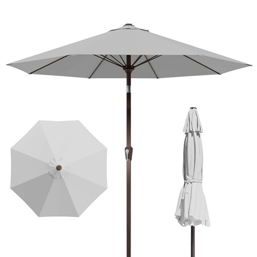 PatioKingdom Auto-Tilt 9FT Patio Umbrella Outdoor with 8 Sturdy Fiberglass Ribs,Market Table Umbrella for Pool,Backyard,Deck and Garden - color: Light Gray, size: 9FT