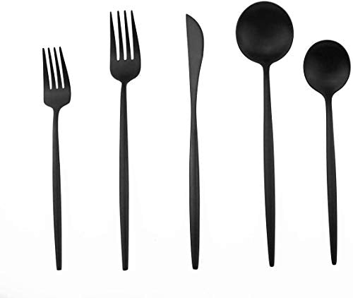 20-Piece 18/10 Stainless Steel Flatware Silverware, Luxury Dinnerware Set Travel Cutlery Tableware Include Knife Fork Spoon Service for 4,Healthy & Eco-Friendly Dishwasher Safe (Black Matte) - color: Black, size: Service for 4
