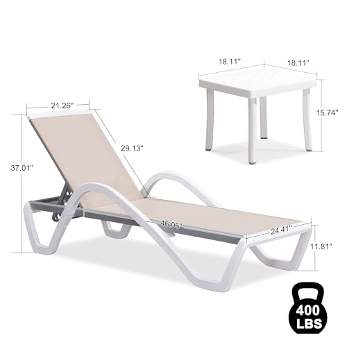 PURPLE LEAF Patio Chaise Lounge Chair Set Outside Aluminum Plastic Stackable Tanning Chairs with Armrests and Side Table for Pool Sunbathing Beach Deck Outdoor Lounger, Khaki - color: Khaki, style: 2 chairs(w/Arms) + 1 table