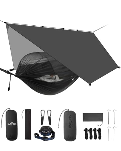 Sunyear Camping Hammock with Net - Double&Single Hammock with House-Like Net- Easy Setup & Pack, Lightweight & Portable, Perfect for Hiking, Backpacking, Outdoor Sleeping - color: Usa Black Bundle, size: 106"L x 55"W