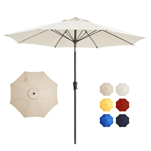9FT Large Outdoor Patio Umbrella Pool Market Umbrella-UV Resistant, Easy Push Button Tilt and Crank, 8 Sturdy Ribs Heavy-Duty Table Umbrella for Deck, Backyard, Garden (White) - color: White, size: 9 FT