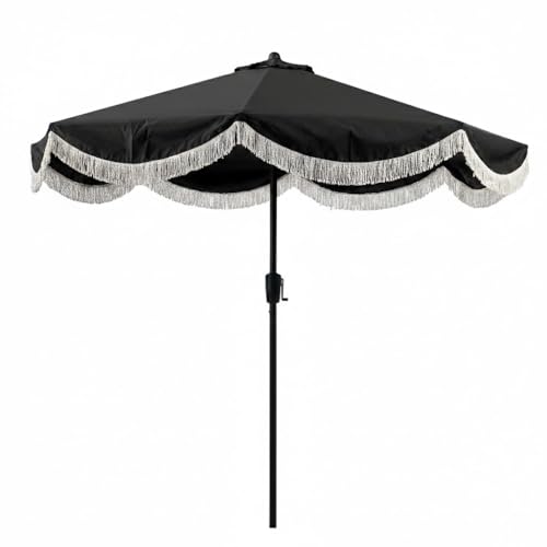 Tempera 9ft Auto Tilt Black Scalloped Patio Umbrellas with Fringe, Outdoor Table Umbrellas with Fade Resistant Canopy,8 Sturdy Rids,Luxurious Vintage Umbrellas for Lawn,Pool,Balcony - color: Dark Black, size: 9 FT