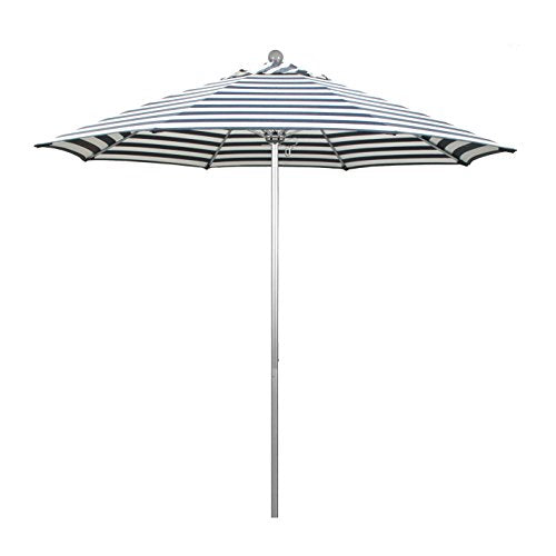 California Umbrella 9' Round Contract Grade Patio Umbrella, Push Open, Silver Finish, Navy/White Olefin - color: Navy/White Cabana Stripe