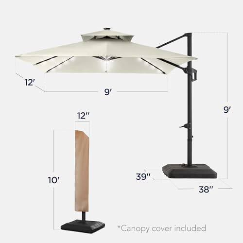Best Choice Products 9x12ft LED Cantilever Patio Umbrella w/Base Included & 360° Rotation, Large Solar Offset Hanging Outdoor Sun Shade for Deck, Backyard Table w/Stand & Lights – Ivory - color: Ivory, size: 9x12ft