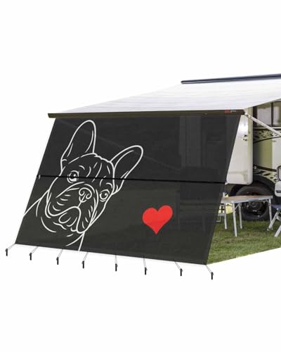 RV Awning Sun Shade Screen 9'X13.3' French Bulldog Mesh Sunscreen Cute Dog Love Heart Awning Shade Screen with Zipper UV Blocker Completed Kits Universal Outdoor Canopy for RV Motorhome Camper Trailer - size: 9x13.3 ft