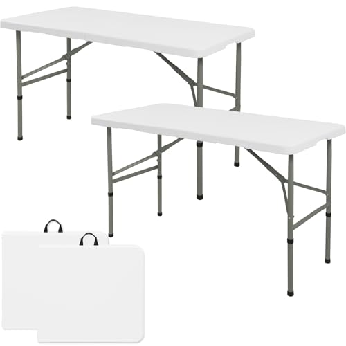 Set of 2 Folding Table 4FT Camping Table Portable Heavy Duty Plastic Rectangular Outdoor Dining Table Steel Legs Fold-in-Half with Carrying Handle for Indoor,Picnic,Party,Wedding,Events(White) - color: White