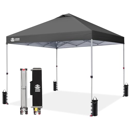 CROWN SHADES 12x12 Pop Up Canopy - Beach Tent with One Push Setup - Easy Outdoor Sun Shade Shelter for Events, Parties - Gazebo with STO-N-Go Cover Bag, Silver Coated Top, Grid Grey - color: Grid Grey, size: 12x12