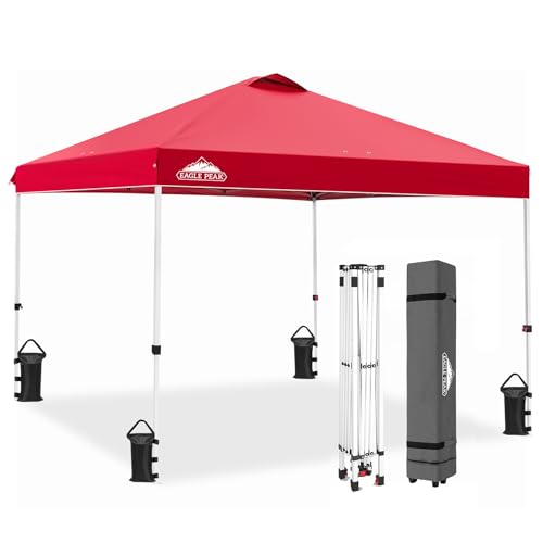 EAGLE PEAK Pop Up Canopy Tent with Wheeled Carry Bag, 8 Stakes, 4 Ropes, 4 Weight Bags, Easy Set Up Tent Canopy, 10x10 ft, 100sqft of Shade, Red - color: Red, size: 10x10