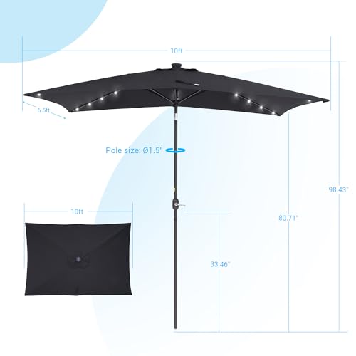 Rectangle Patio Umbrella with Solar Lights, 10 x 6.5ft Rectangular Outdoor Umbrella Table Market Patio Umbrella with Push Button Tilt and Crank for Garden, Deck, Backyard, Pool - color: Black