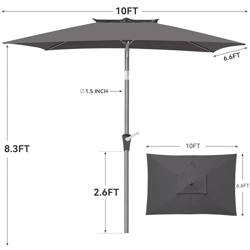 6.6 x 10 ft Rectangular Patio Umbrella, Outdoor Market Table Umbrella with Push Button Tilt and Crank, Double-Tier Vent, 6 Ribs, Rectangle Patio Umbrella for Backyard, Deck, Pool, Fits 4–6 Chairs and Tables (Grey) - color: Grey