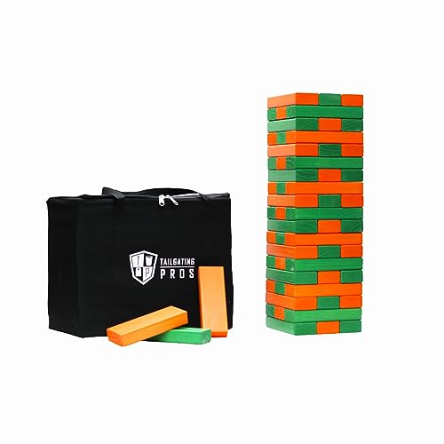 Tailgating Pros Premium Giant Toppling Timbers with Carrying Case – Choose Your Team Colors! Jumbo Outdoor Yard Game, Tower Grows to Over 5 Feet! - color: Kelly/Orange