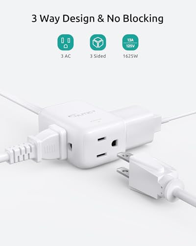 NUTICT Outlet Cover Extension Cord 8ft, 3 Outlets Indoor Extension Cord Flat Wall Plug, 900J Surge Protector, 13A/1625W, ETL Listed, Flat Power Strip Hidden Behind TV Bed Dresser Bookshelf, White - color: White, size: 8ft(3 Prong Plug), style: for Standar