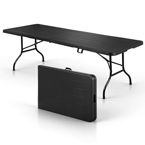 SUPER DEAL 8FT Folding Picnic Table for Indoor Outdoor, Portable Fold-in-Half Plastic Dining Camping Party Table with Carrying Handle, Black - color: Black, size: 95"x30", style: Rectangular