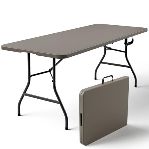 Folding Table 6FT Heavy Duty Plastic Table with Handle, Foldable&Portable, Fold-in-Half Utility Tables for Outdoor, Dining, Wedding, Events, Indoor, Picnic, Camping, Party,Khaki - color: Khaki, size: 6FT