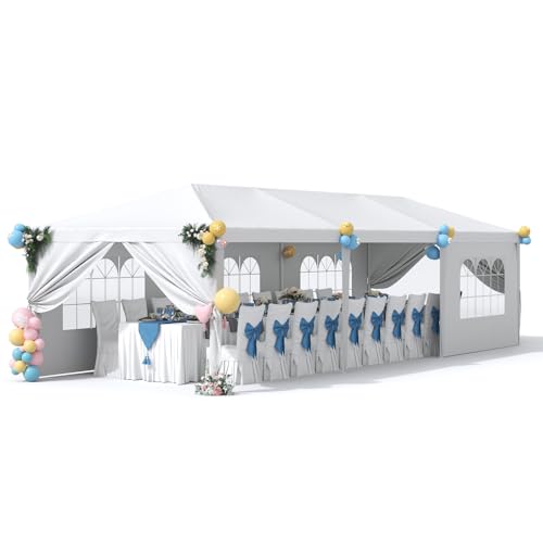 Greesum 10x30 Outdoor Canopy with with 6 Side Removable Walls, Patio Camping Heavy Duty Gazebo Shelter for Party Wedding BBQ Events, Waterproof Tent, White