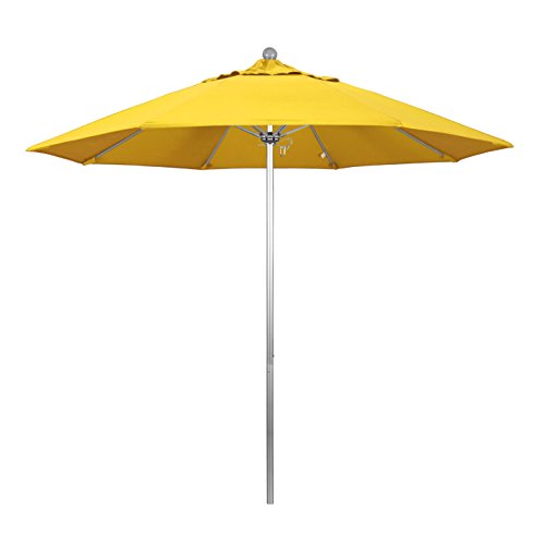 California Umbrella 9' Round Aluminum/Fiberglass Umbrella, Push Open, Silver Pole, Olefin Lemon Fabric - color: Lemon