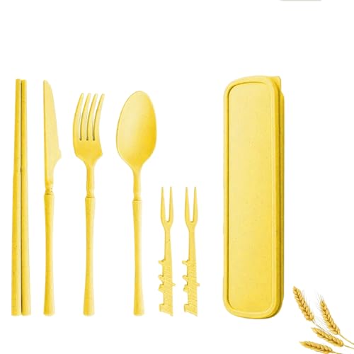 Straw Portable Travel Utensils with Case, Reusable Camping Utensil Sets for Work School Adults or Daily Use Cutlery Set - Fork And Spoon Set For Lunch Box (Yellow) - color: Yellow