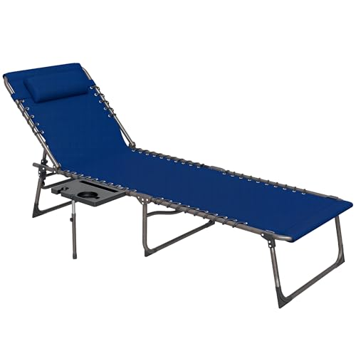 Outsunny Folding Chaise Lounge Chair Outdoor Tanning Chair with Side Table, 5-Level Adjustable Beach Lounge Chair with Headrest, Side Pocket for Patio, Backyard, Beach, Poolside, Dark Blue - color: Dark Blue