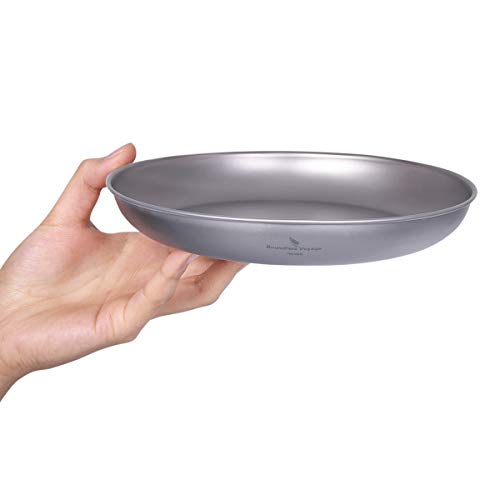 iBasingo Titanium Plate 18.5cm Ultralight Camping Dinner Plate, Reusable Metal Dish for Steak, Dessert Portable Round Tray with Mesh Bag for Backpacking, Hiking, Picnic Ti1103T - color: L-Ti1103T
