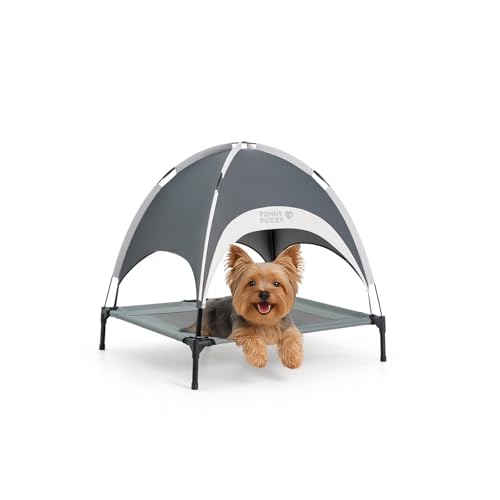 FUNNY FUZZY Elevated Dog Bed with Canopy for Small Dogs, 24"x18"x7" Cooling Outdoor Pet Cot with UV Protection, Breathable Mesh for Cooling, Indoor & Outdoor Use for Dogs, Grey - color: Grey, size: Small