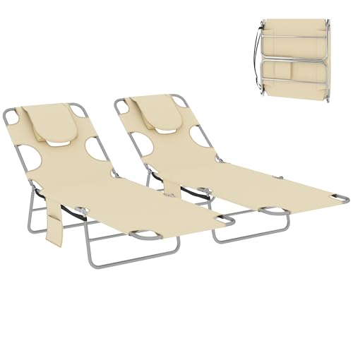 Outsunny Chaise Lounge Chair Outdoor Set of 2 with Face Arm Hole, 5-Position Reclining Face Down Tanning Chair with Carry Strap, Side Pocket, Portable Folding Bed Cot for Patio Beach Pool, Beige - color: Beige, size: 2 Pieces