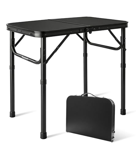 2FT Small Camping Portable Table, Black Aluminum Frame, Adjustable Height up to 21", Lightweight Carry Handle, Portable for Travel, Camping Outdoor Use - size: 2 ft × 1.3 ft × 1.78 ft H