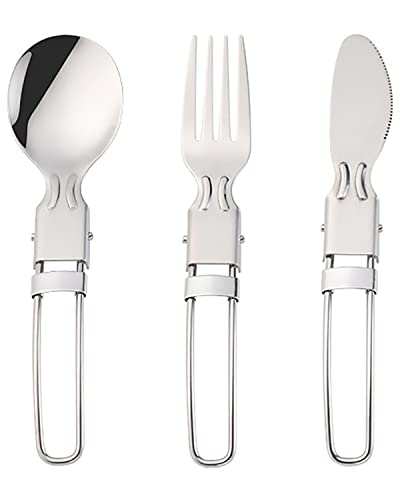Camp Flatware Sets - Stainless Steel Spoon Fork Knife & Nylon Storage Bag - Foldable + Locking Handle - Ultralight Utensils for Backpacking/Hiking/Camping - 3oz - color: Stainless steel knife fork spoon ST334