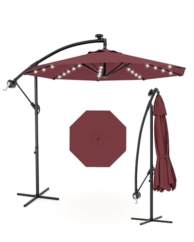 Jojoka 10FT Cantilever Patio Umbrella with Solar LED Lights - Offset Outdoor Umbrella - Easy Lift & Tilt - UV Protection - Fade Resistant - Ideal for Deck, Pool, Garden - color: Wine Red