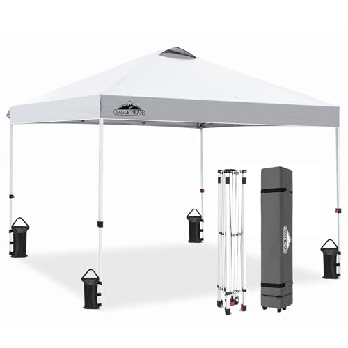 EAGLE PEAK Pop Up Canopy Tent with Wheeled Carry Bag, 8 Stakes, 4 Ropes, 4 Weight Bags, Easy Set Up Tent Canopy, 10x10 ft, 100sqft of Shade, White - color: White, size: 10x10