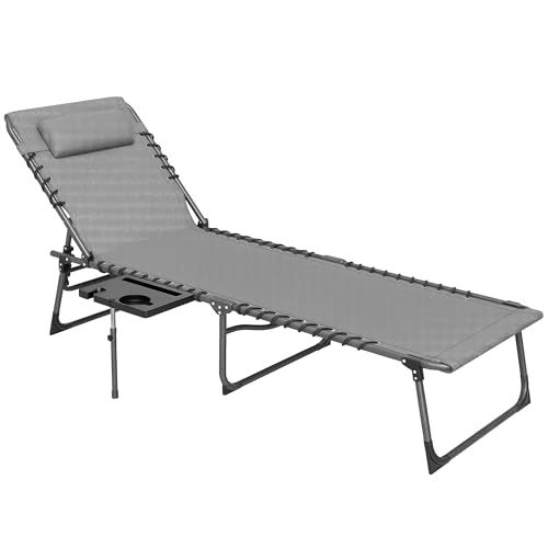 Outsunny Folding Chaise Lounge Chair Outdoor Tanning Chair with Side Table, 5-Level Adjustable Beach Lounge Chair with Headrest, Side Pocket for Patio, Backyard, Beach, Poolside, Gray - color: Grey