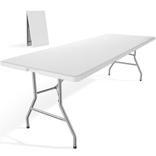 DUMOS 8 Feet Folding Picnic Table, Plastic Table with Carrying Handle, Heavy Duty Portable Table for Camping Party, White - color: White, size: 8 FT