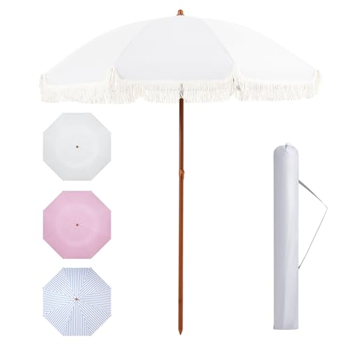 Aoxun 7ft Patio Umbrella with Fringe,Outdoor Beach Umbrella with Aluminum Pole, Ribs Push Button Tilt and Carry Bag, UV 50+ Picnic Tassel Umbrella (White) - color: Cream, size: 7.0 FT