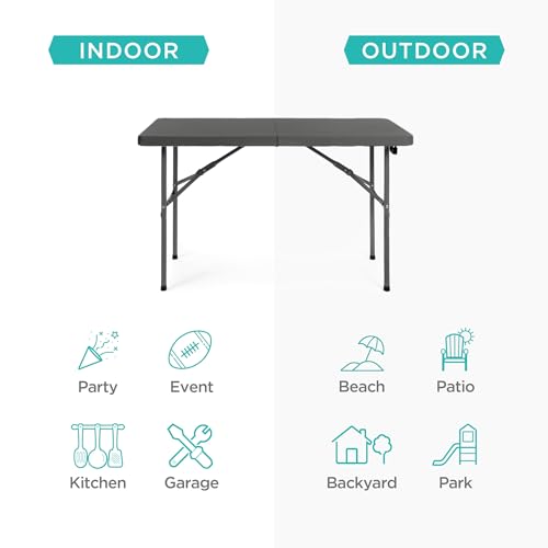 Best Choice Products 4ft Plastic Folding Table, Indoor Outdoor Heavy Duty Portable w/Handle, Lock for Picnic, Party, Camping - Dark Gray - color: Dark Gray, size: 4ft