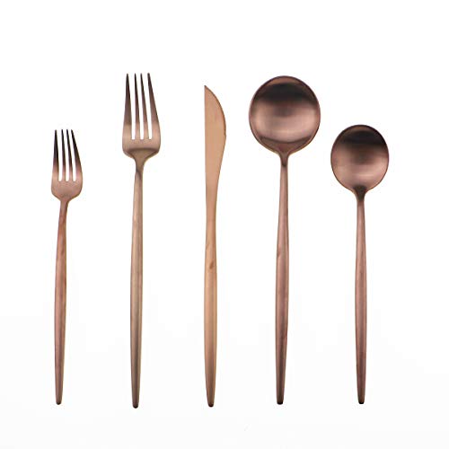 Matte Rose Gold Silverware Set,Gugrida 5-Piece 18/10 Stainless Steel Satin Finish Flatware Set,Kitchen Utensil Set,Tableware Travel Cutlery Set for Camping Office or School Lunch, Dishwasher Safe - color: Rose Gold, size: Service for 1