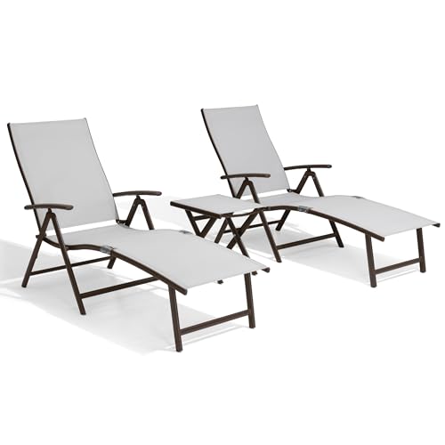 Crestlive Products Folding Patio Chaise Lounge Chair Outdoor, Aluminum Adjustable Outdoor Pool Recliner Chair, Assemble-Free, 8 Positions - color: Light Gray, size: 3 Pcs