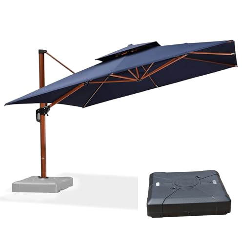 PURPLE LEAF 12ft Patio Umbrella with Base Outdoor Square Umbrellas Large Cantilever Umbrella Windproof Offset Umbrellas Heavy Duty Sun Umbrella for Garden Deck Pool Patio, Navy Blue - color: Navy Blue, size: 12'X12', style: Base Included